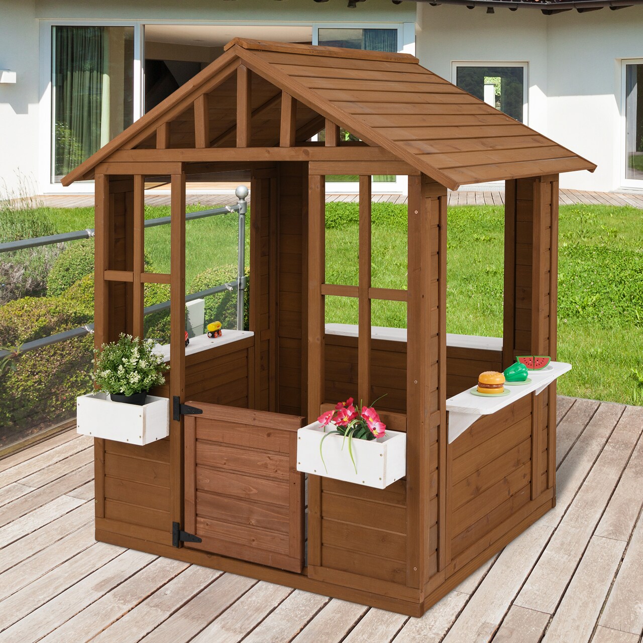 Wooden Outdoor Playhouse with Serving Stations and Safe Door for Toddlers